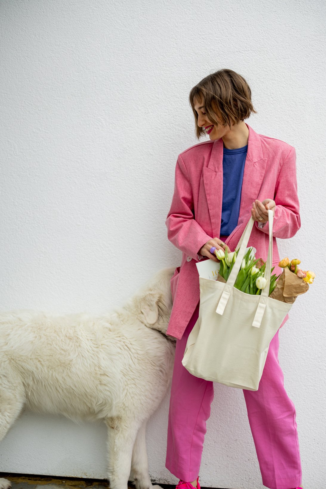 Stylish Woman with Tote Bag and Dog